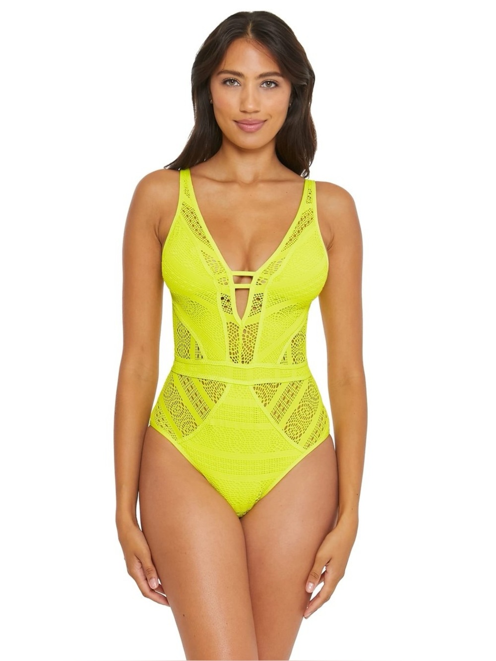 NWT Becca Color Play Crochet Plunge One-piece Swimsuit Highlighter Yellow Small